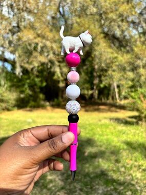 Handcrafted Pink Beaded pink & white Cat Top Pen